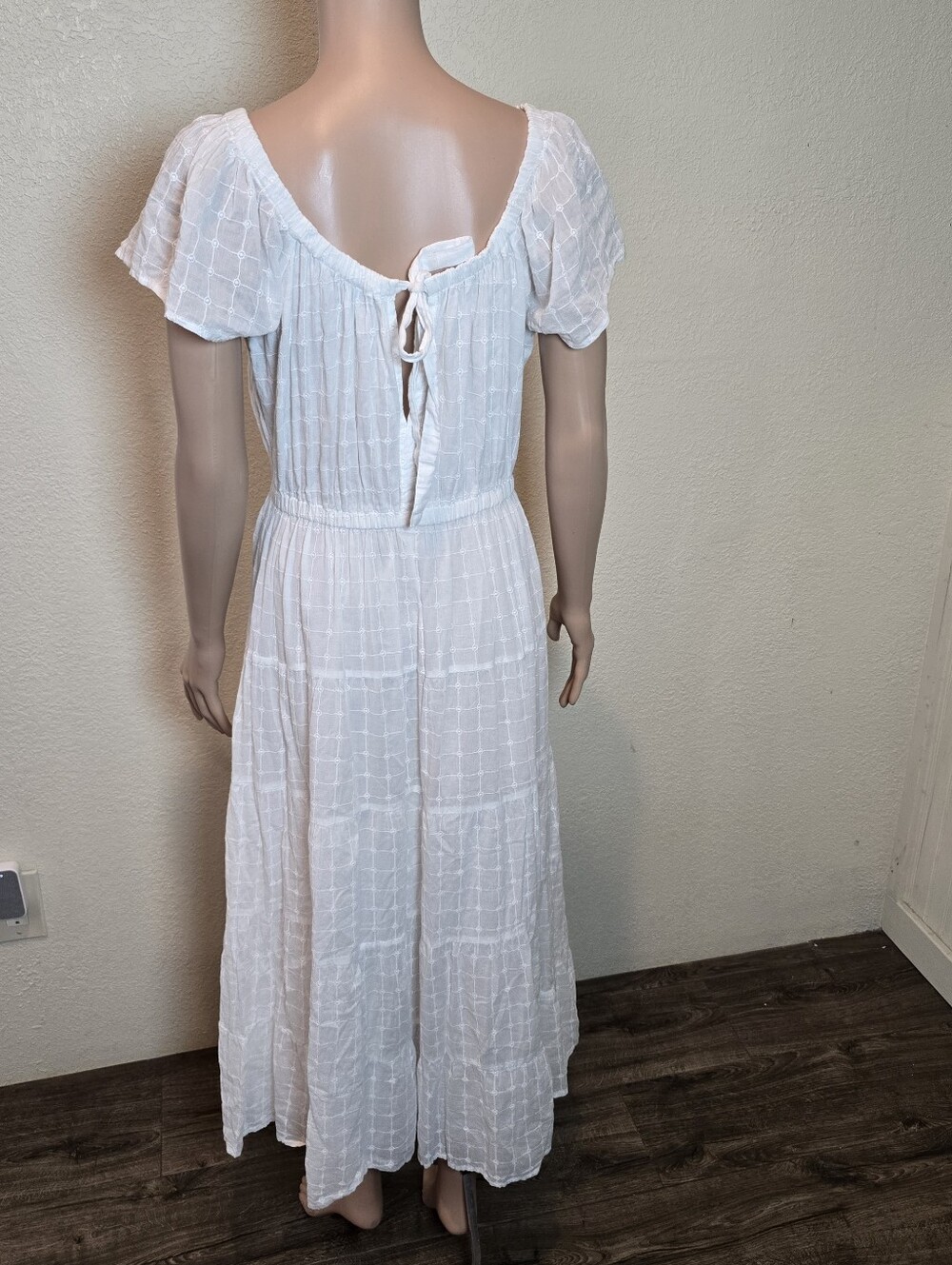 Mango MNG White Puff Sleeve Embroidered Checkered Tiered Midi A-Line Dress Sz 8 - Picture 7 of 16